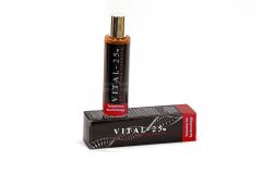 A cylindrical bottle of Vital-25 Anti-Aging Formula is standing upright with its red and black packaging box lying beside it. The bottle features a gold cap and a black label with red accents, while the box has text highlighting "Telomeres Technology. pictures images stock photography getty shutterstock