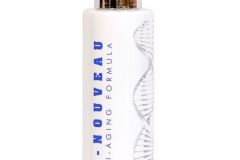 A white bottle of DE-NOUVEAU Anti-Aging Formula by ELAN ÉLAN is featured. The label has blue text and a grey DNA helix graphic. The bottle has a shiny gold cap with a black design. Website details (www.ElanElanOnline.com) appear at the bottom of the label. pictures images stock photography getty shutterstock