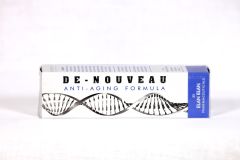 A white rectangular box of DE-NOUVEAU Anti-Aging Formula by ELAAN ELAN PHARMACEUTICAL. The box has text in black and blue, with a black and white DNA double helix graphic running horizontally across the front. The packaging is clean and professional, suggesting a scientific approach. pictures images stock photography getty shutterstock