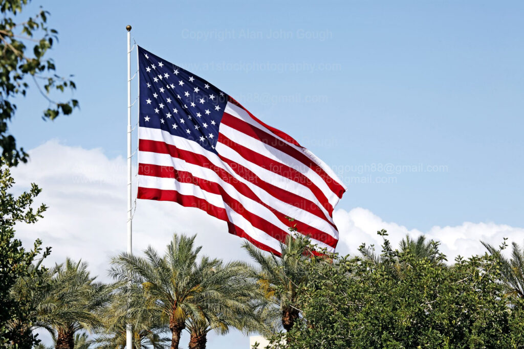 An American flag waves in the wind against a blue sky with scattered white clouds. The flag is hoisted on a tall pole surrounded by lush green palm trees and foliage visible at the bottom of the image. The photo is credited to Alan John Gough, with visible watermark text. pictures images stock photography getty shutterstock