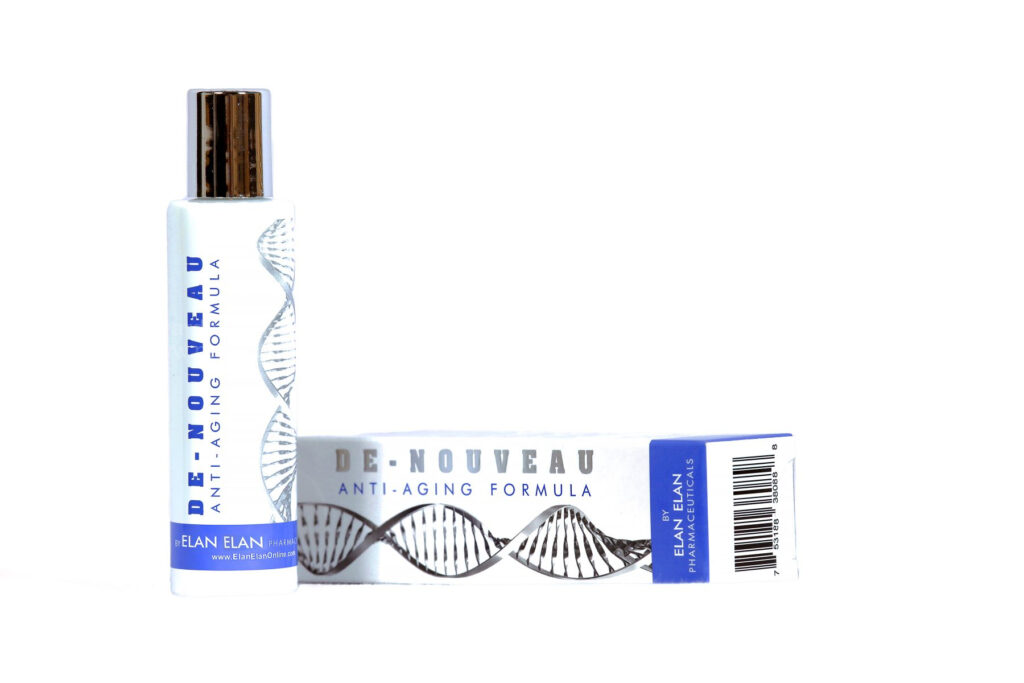 A white cylindrical bottle labeled "DE-NOUVEAU ANTI-AGING FORMULA" with a black cap stands vertically next to its box laid horizontally. The box, adorned with a DNA helix design, features the product name and additional branding details in blue and black text, highlighting its role in life extension. pictures images stock photography getty shutterstock