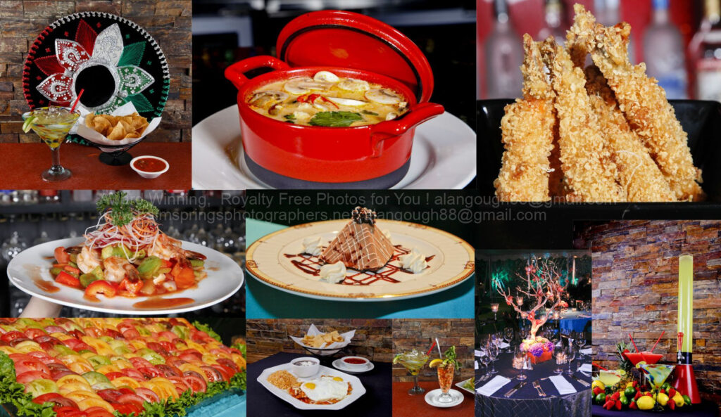 A collage of colorful, gourmet dishes and decorations. Top left: Mexican sombrero, chips, and guacamole. Top center: Red pot with a stew. Top right: Fried food on sticks. Middle left: Shrimp dish. Middle center: Chocolate dessert. Middle right: Decorated table. Bottom left: Sushi rolls. Bottom center: Plates of nachos. Bottom right: Elaborate table setting with vibrant decor. pictures images stock photography getty shutterstock