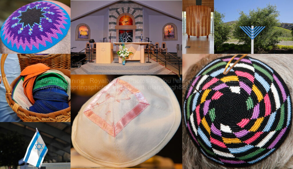A collage featuring various Jewish symbols: colorful kippahs, a synagogue ark, a menorah outdoors, an embroidered kippah with a Star of David, and an Israeli flag. The images capture the diversity and rich cultural heritage associated with Jewish traditions and faith. pictures images stock photography getty shutterstock