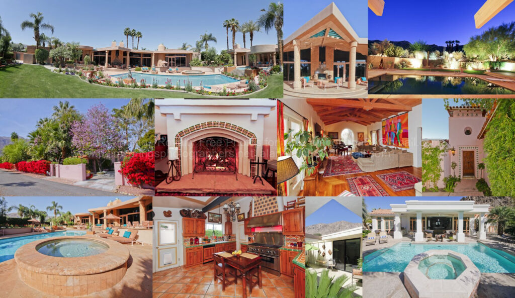 A collage features a luxurious villa with a lush garden, pool, terrace, and interiors. The top row shows an exterior view, a pool, and a terrace at night. The middle row displays a garden, a cozy living room, and an ornate doorway. The bottom row includes a hot tub, a spacious kitchen, and another pool view. pictures images stock photography getty shutterstock