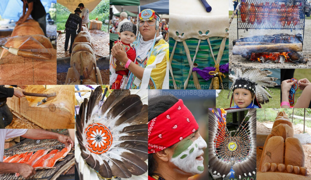 A collage of indigenous cultural activities, featuring traditional carving, drumming, cooking over an open fire, dance regalia, children, and symbolic face paint. The images highlight vibrant feathers, wooden sculptures, and people engaging in cultural preservation. pictures images stock photography getty shutterstock